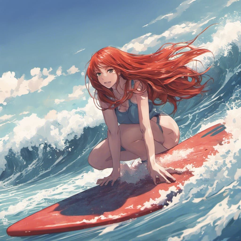 Red-Haired Girl Surfing in Anime Style