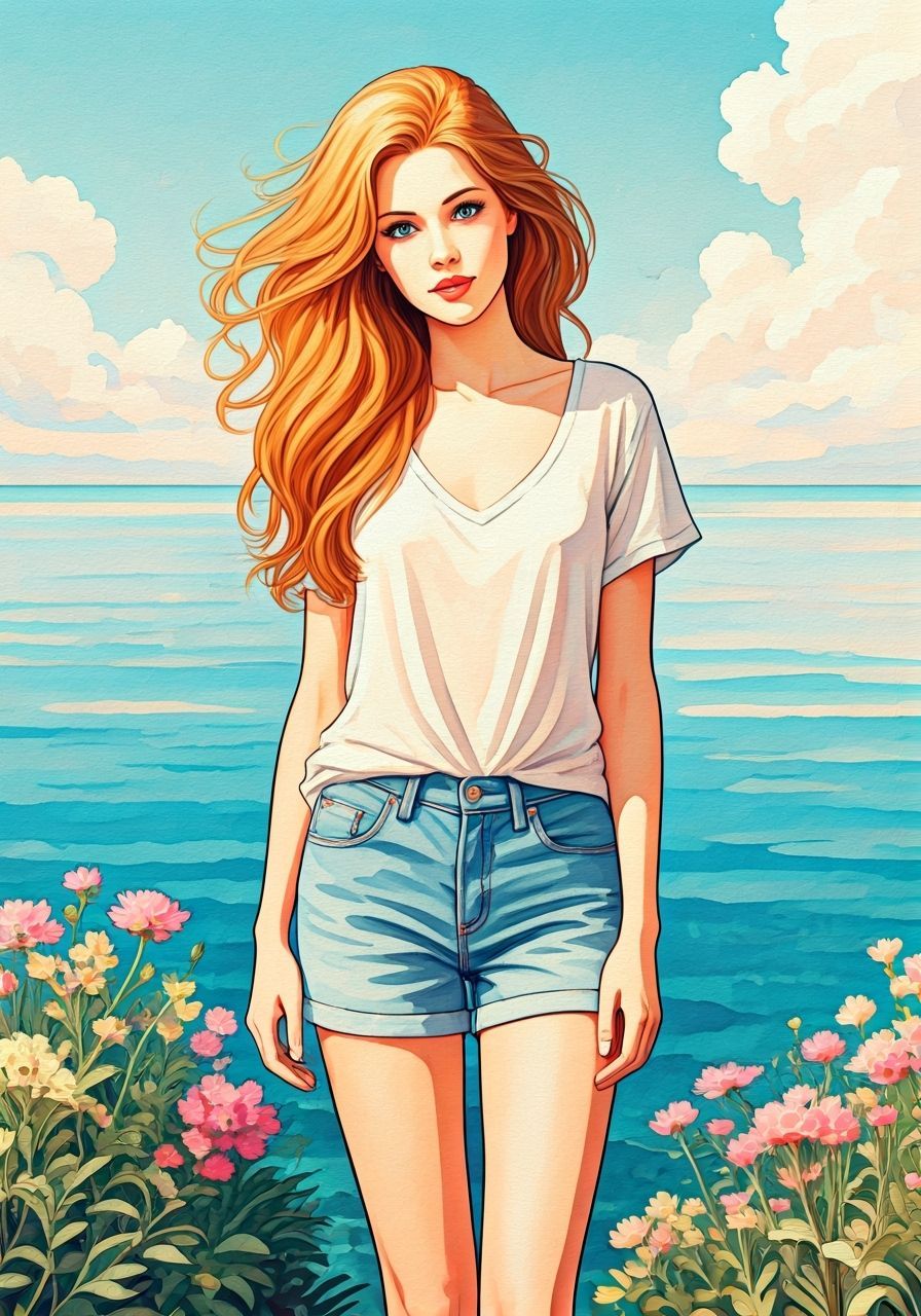 Girl by Sea in Art Nouveau Watercolour Style