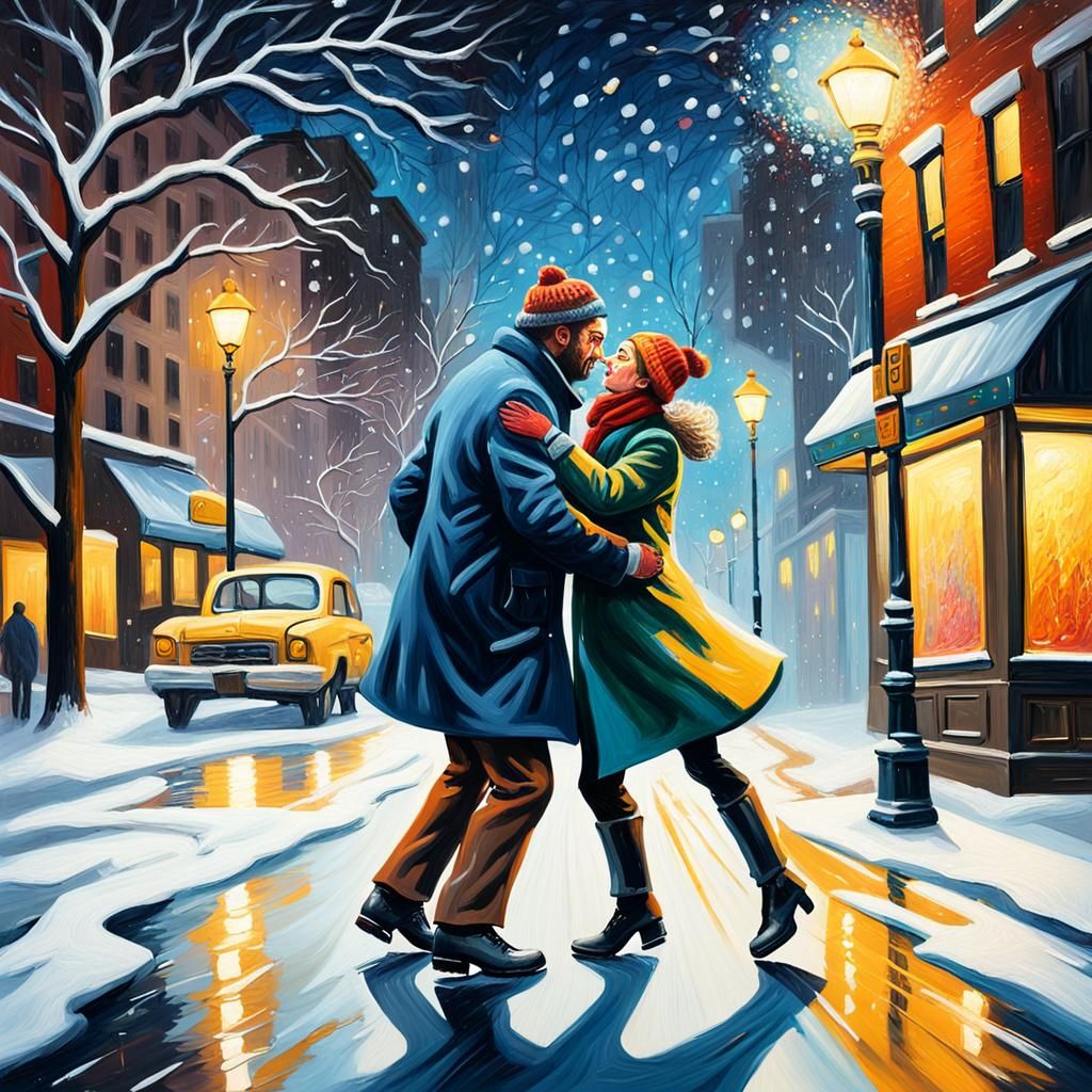 Couple's Christmas Eve Fight: A Surrealist Oil Painting