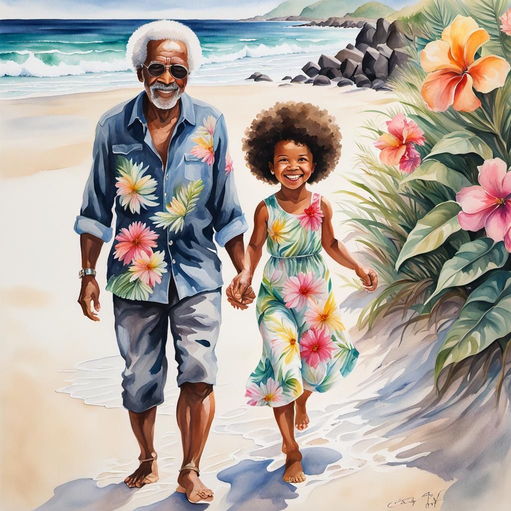 Intergenerational Beach Stroll in Crystal Art Style