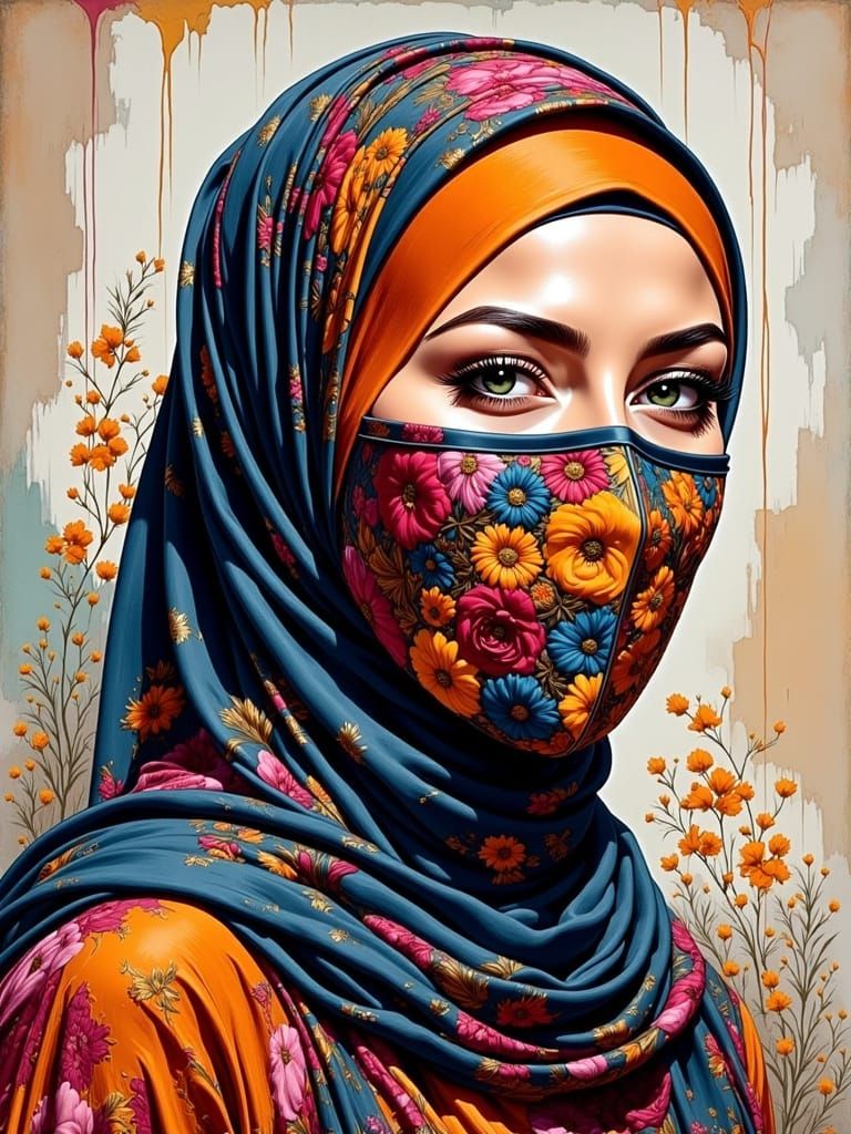 Oil-Guache Portrait of a Woman in Hijab and Facemask