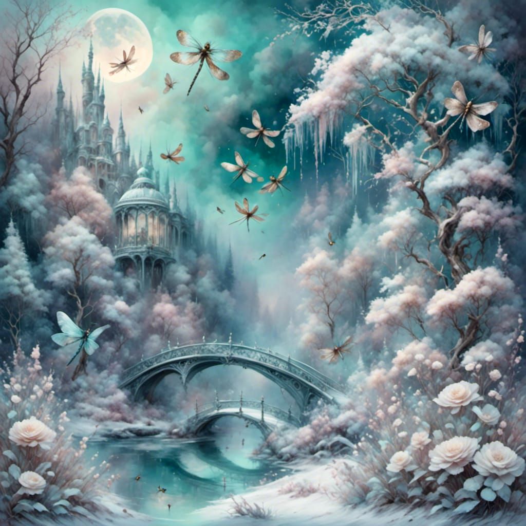 magical winter wonderland with a moonscape background with allot of dragonflies