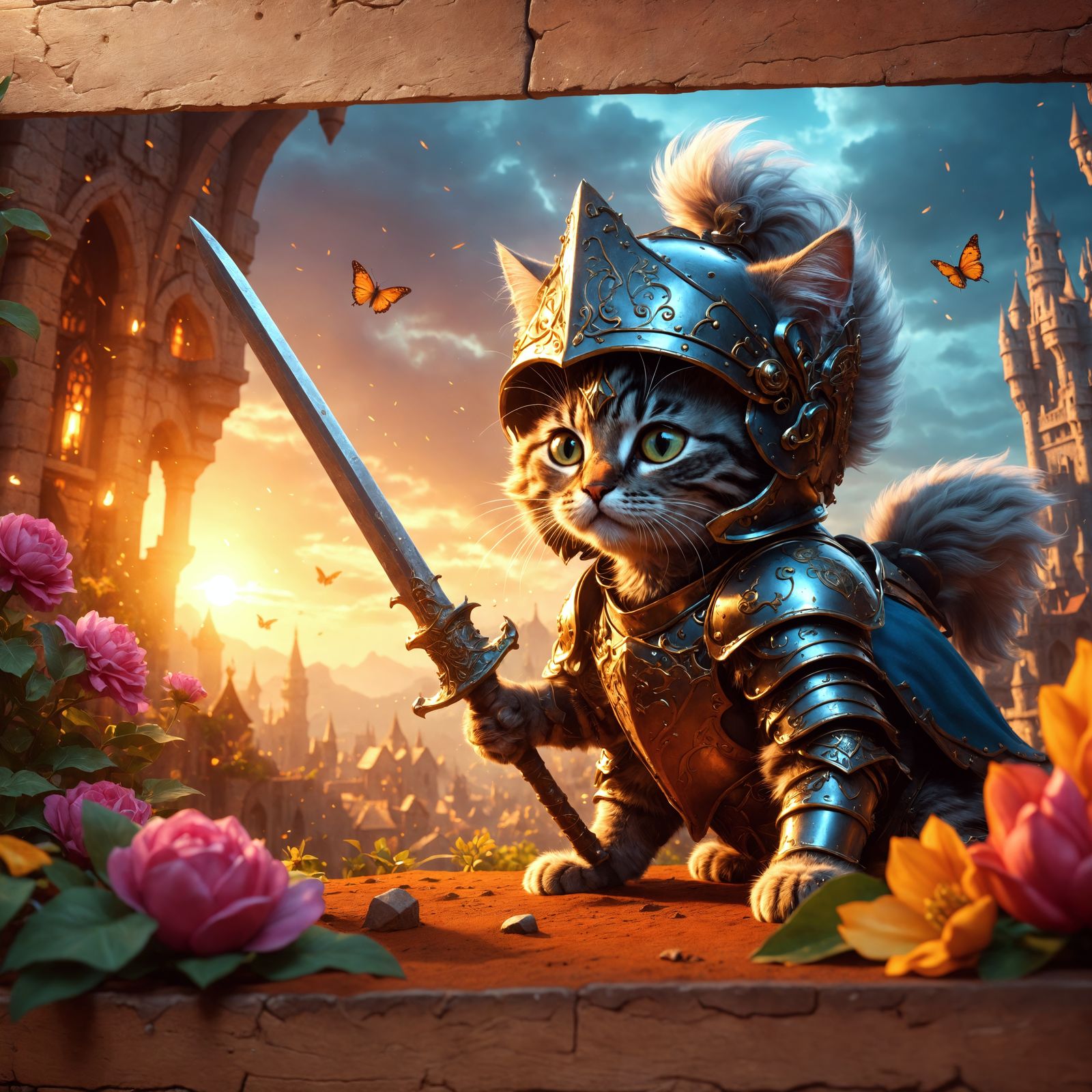 Kitten Knight in Fantastical Landscape