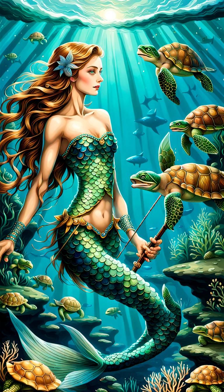 Mermaid Hunting Turtles Underwater