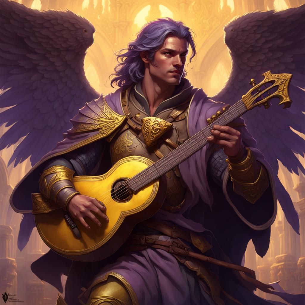 Winged Aasimar Bard in Dark Fantasy Style