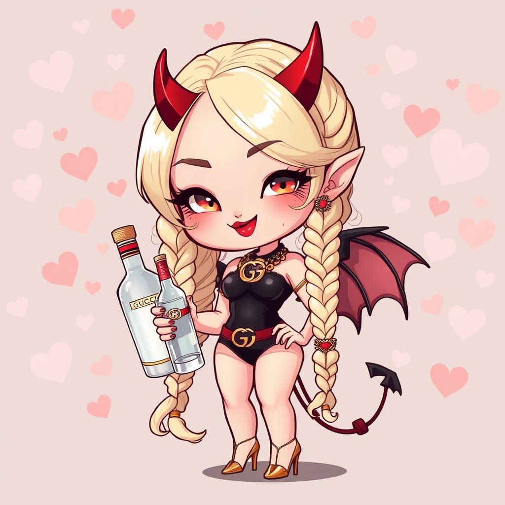 Chibi temptress with long blonde braids devil horns and wings holding vodka wearing Gucci and gold high heels 
Huge smil...