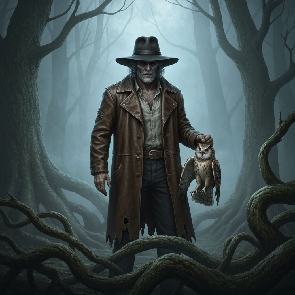 Creepy Man with Owl in Misty Forest, Matte Painting
