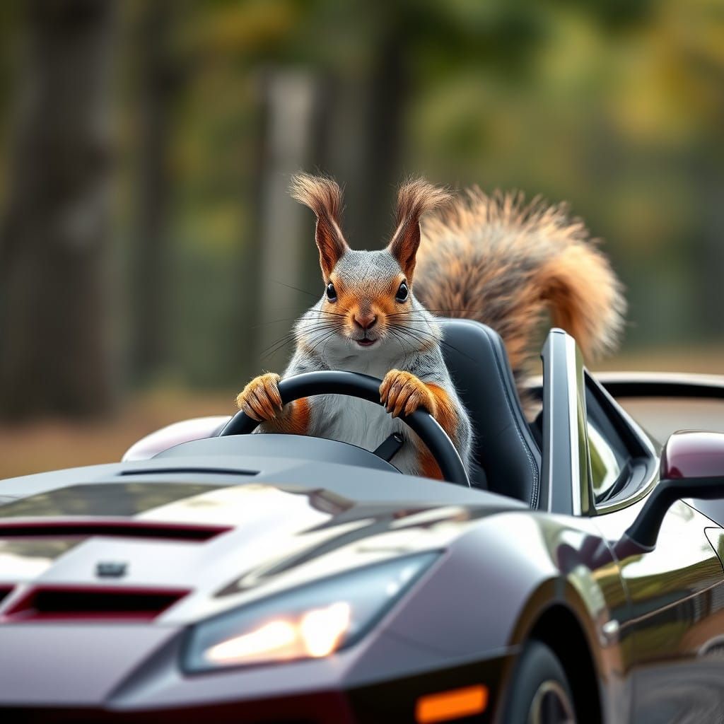 Squirrel Jester Behind the Wheel of a Lamborghini