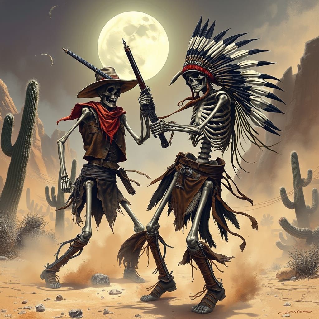 Skeleton Cowboys Clash in the Desert Night