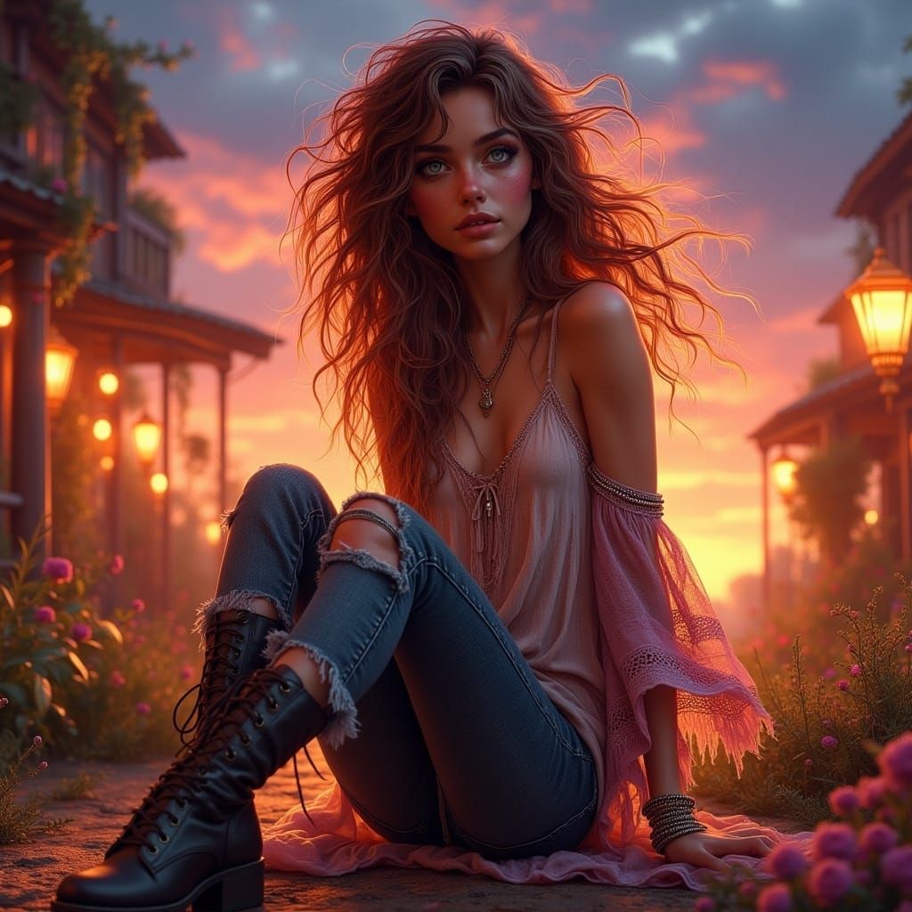 Ethereal Bohemian Woman in Moonlight