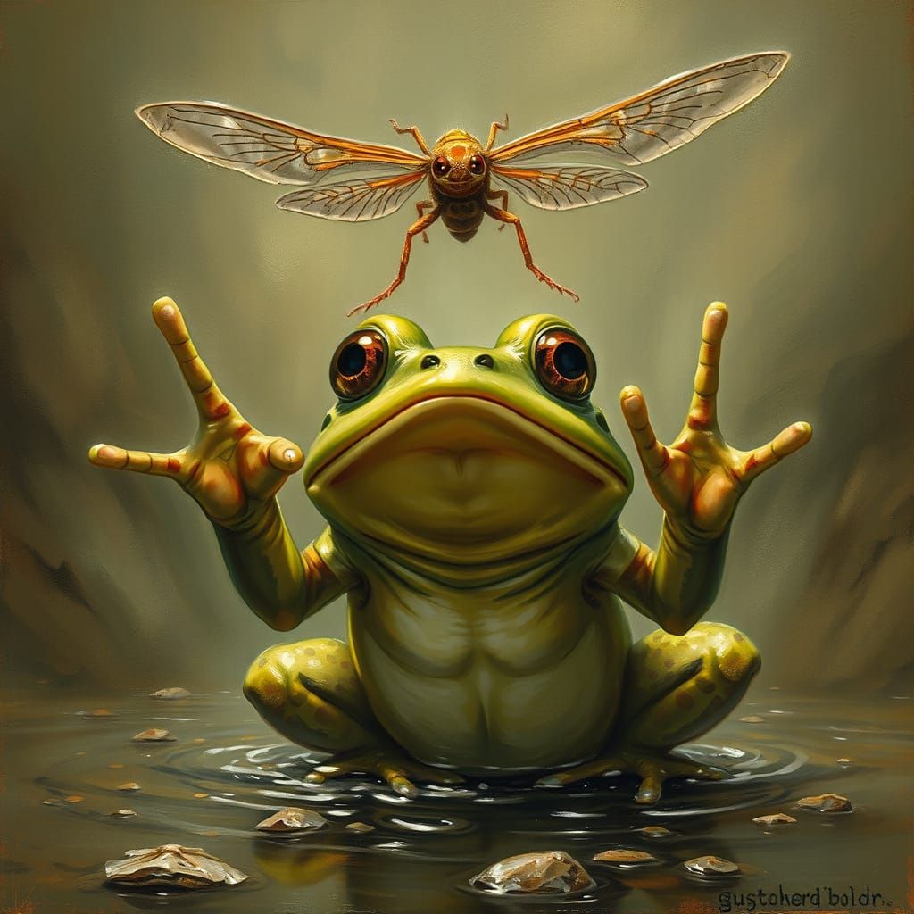 Surprised Frog and Giant Fly in Horror Style