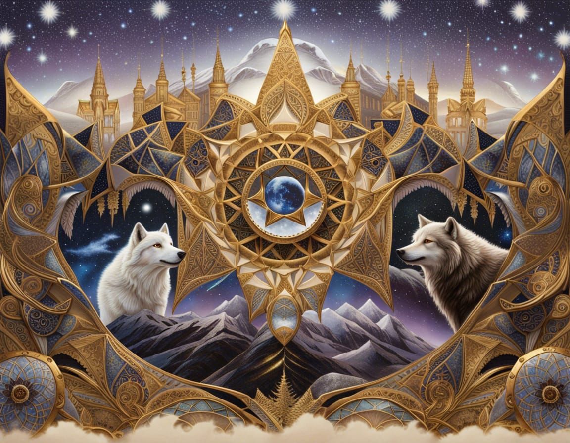 Cosmic Dreamcatcher Wolf in Mystical Night Sky