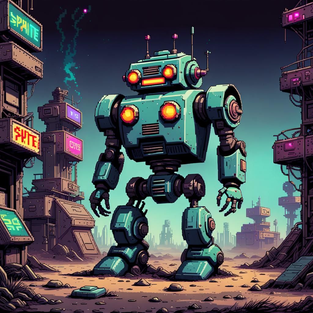 8-bit Robot Sprite in Post-Apocalyptic Pixel Art