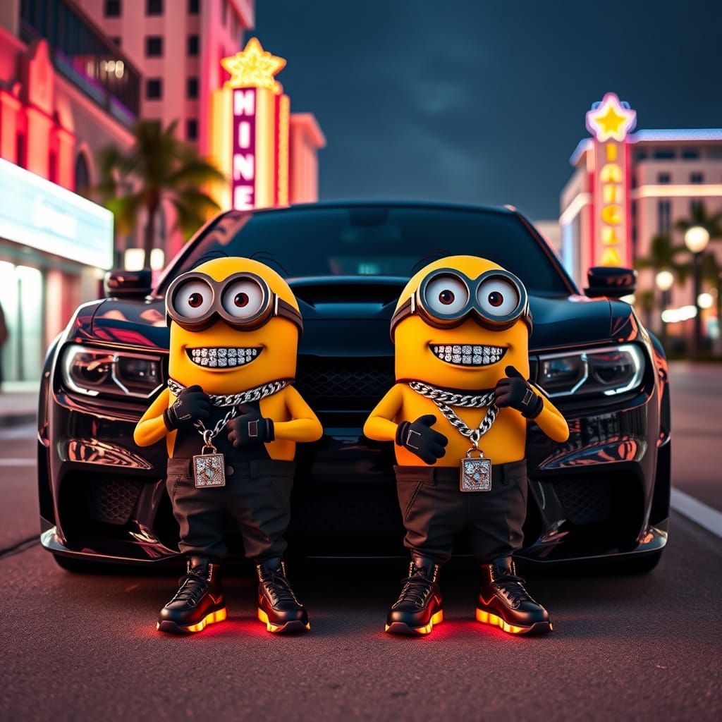 Minions in Bold Balenciaga Attire Pose in Front of Dodge Hel...