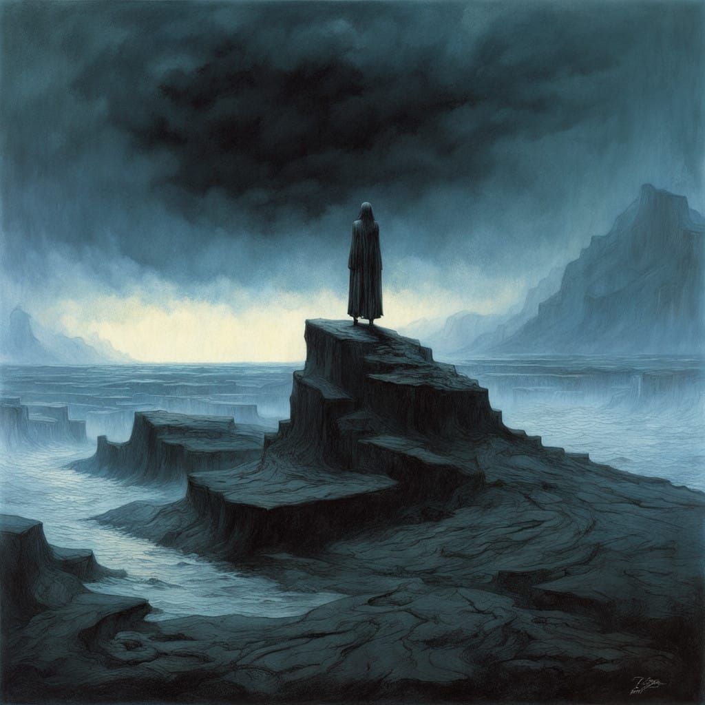 Goth Fashion Model Amidst Turbulent Seascape in a Dark, Omin...