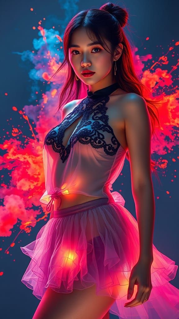 Cyberpunk Ink Art: Vietnamese Woman in Luminous Clothing