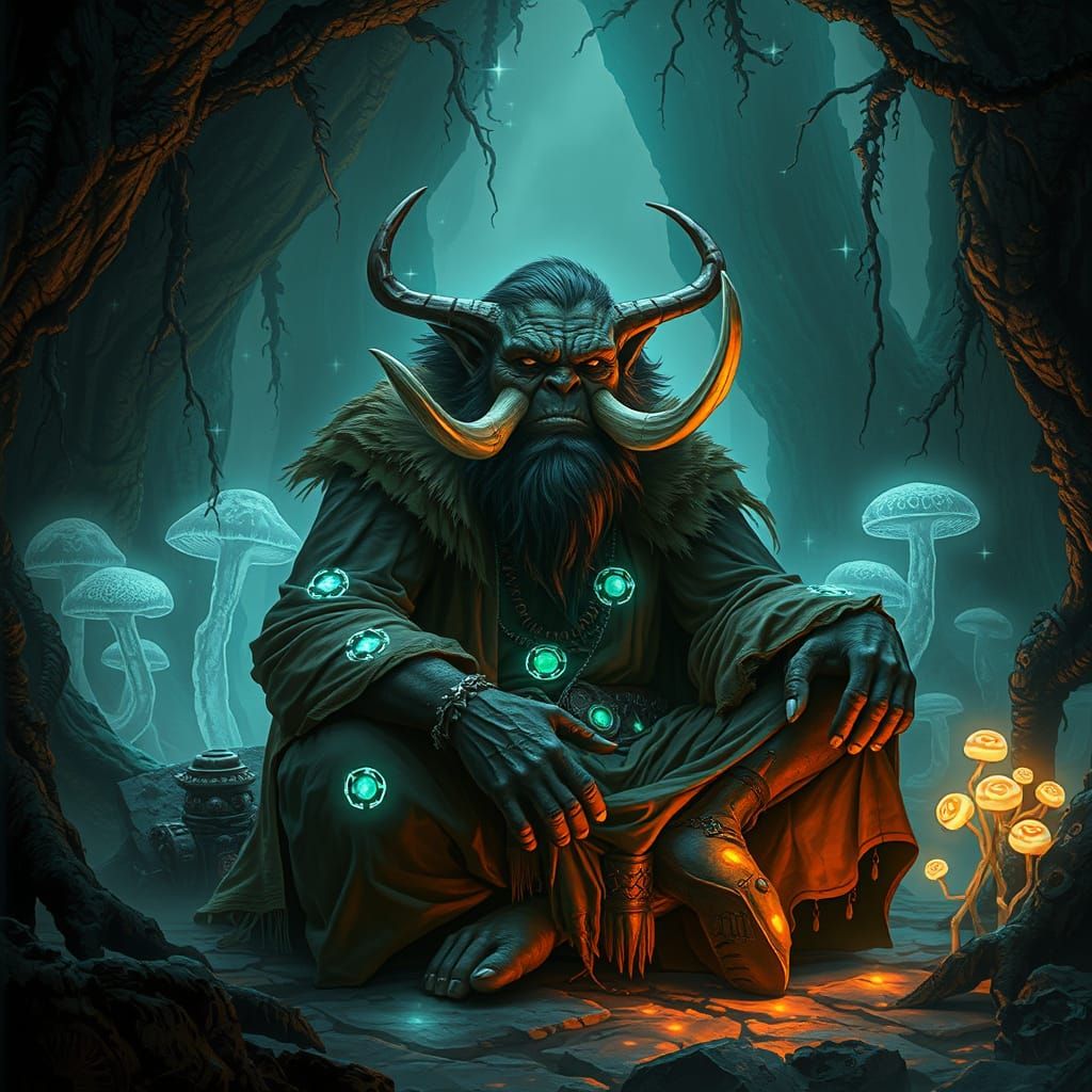 Cyberpunk Shaman in Neon-Lit Grotto