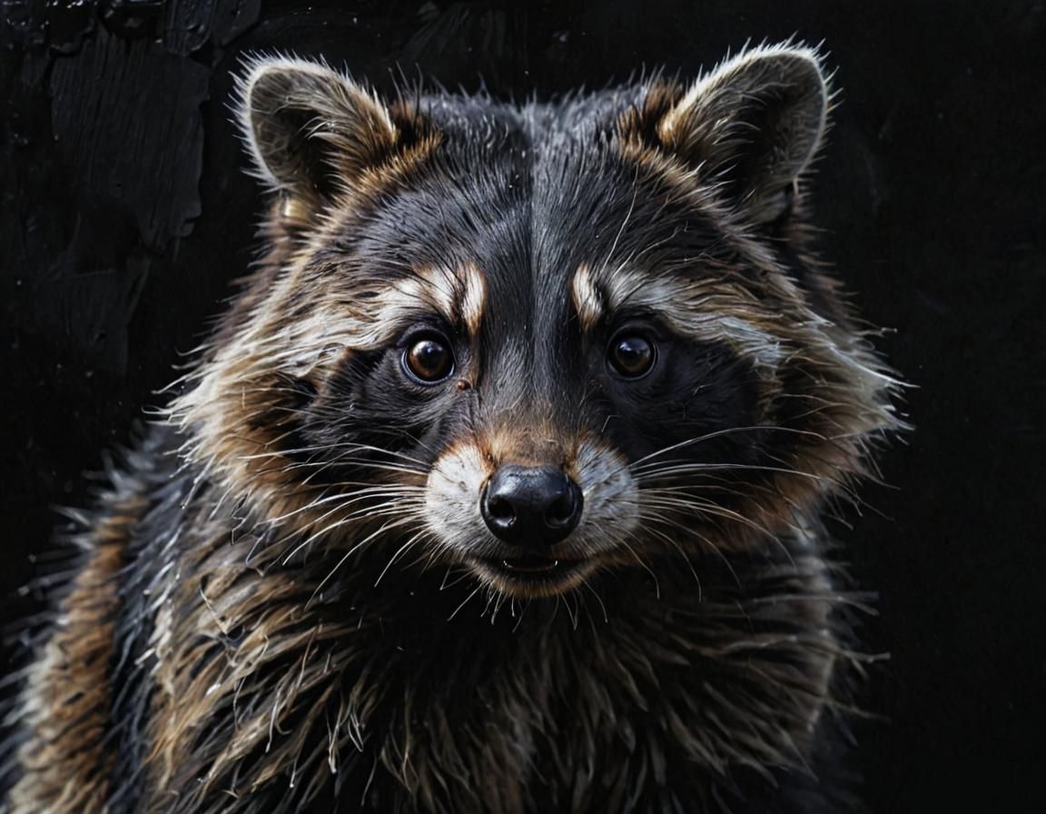Black Raccoon Oil Painting with Silver Highlights