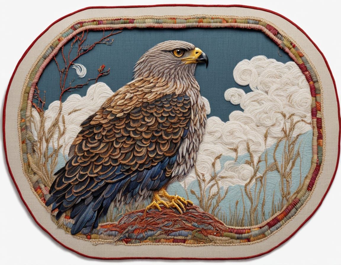 Embroidered Needlepoint Hawk on Nest Macro Shot