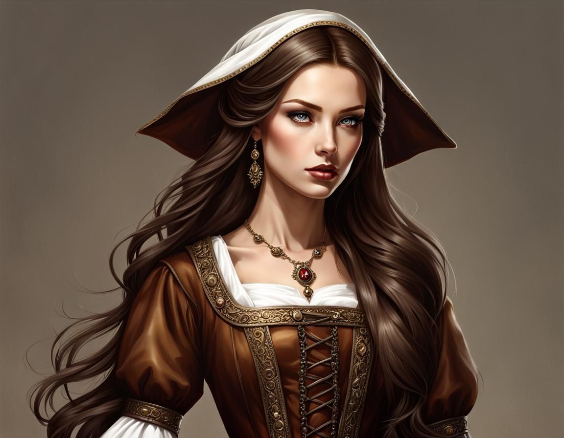 Medieval Maid in Brown, Fantasy Realism Illustration