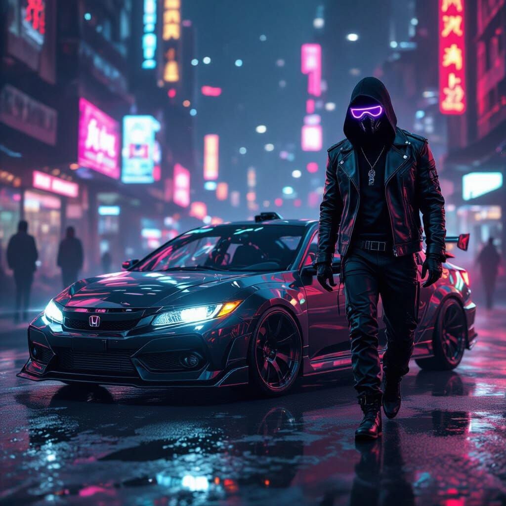 Cyberpunk Cityscape with Modified Car and Masked Figure