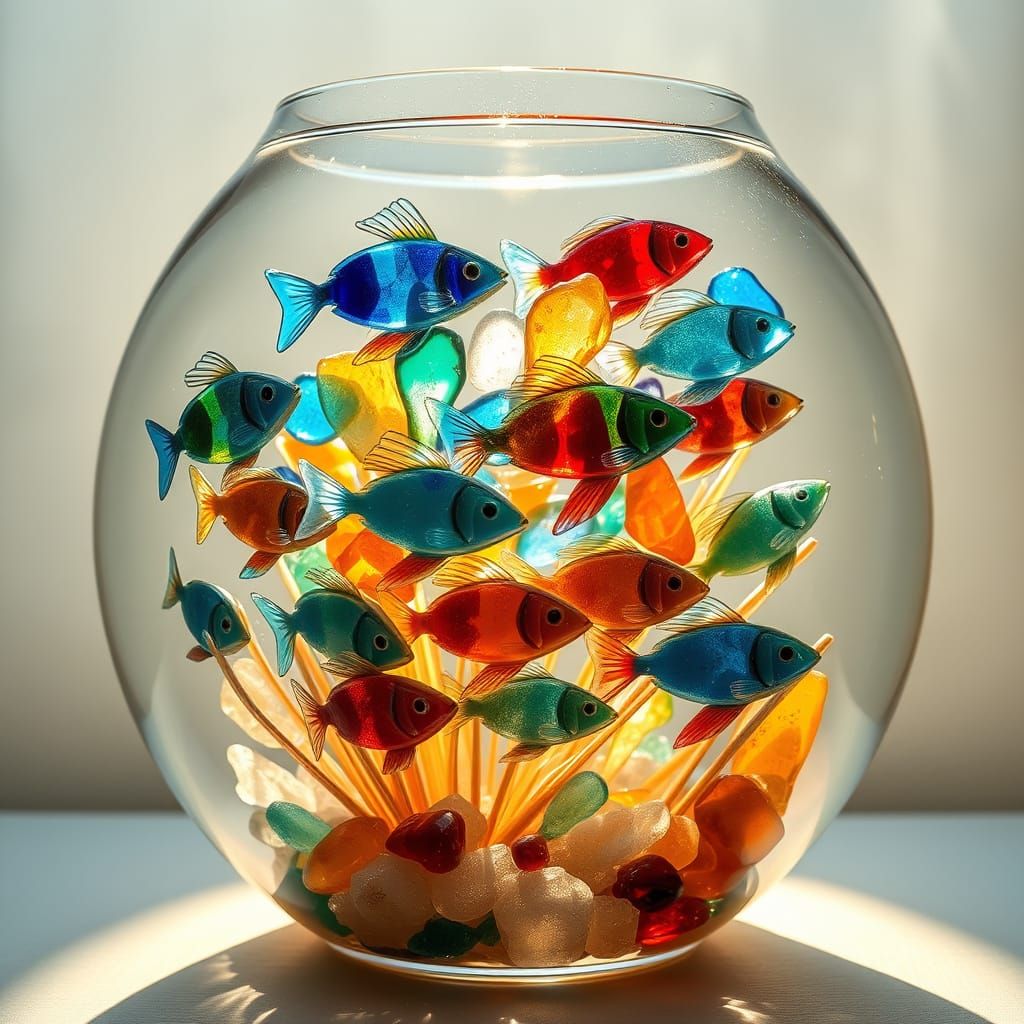 Vibrant Sea Glass Fish Sculpture in Luminous Tank