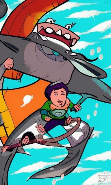 Cartoon Shark Hero Battles Human Typhoon
