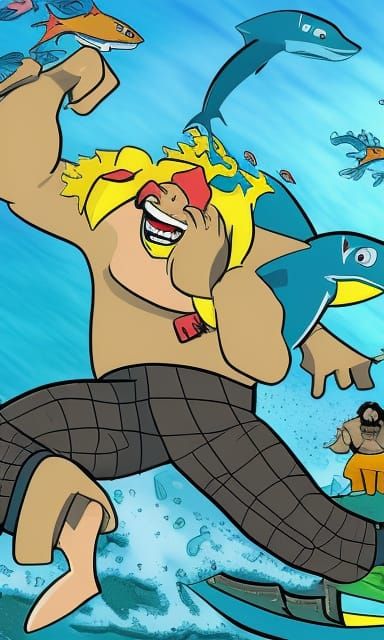 Cartoon Shark Hero Battles Human Typhoon