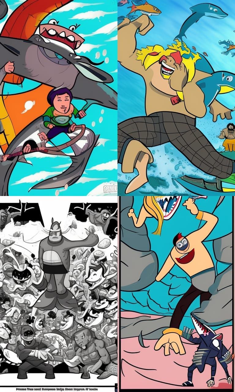Cartoon Shark Hero Battles Human Typhoon