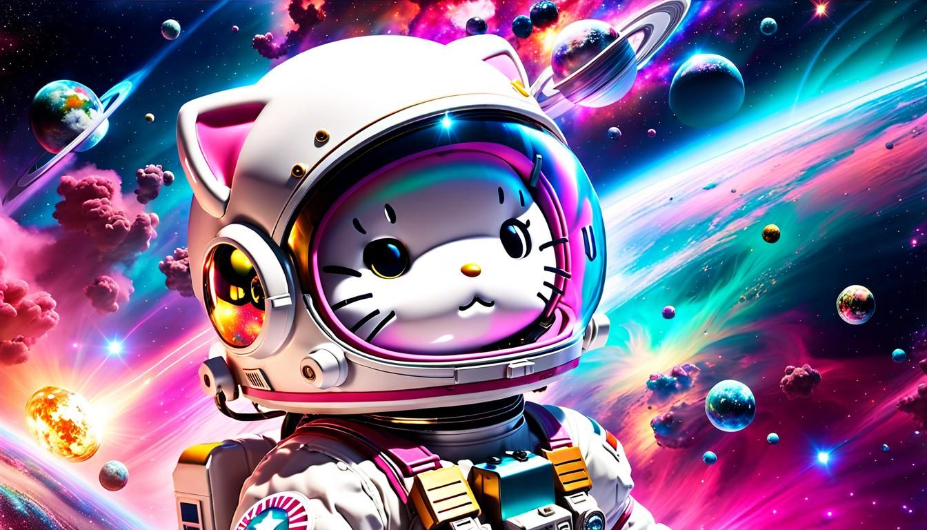 Astronaut Hello Kitty in Nebula Galaxy