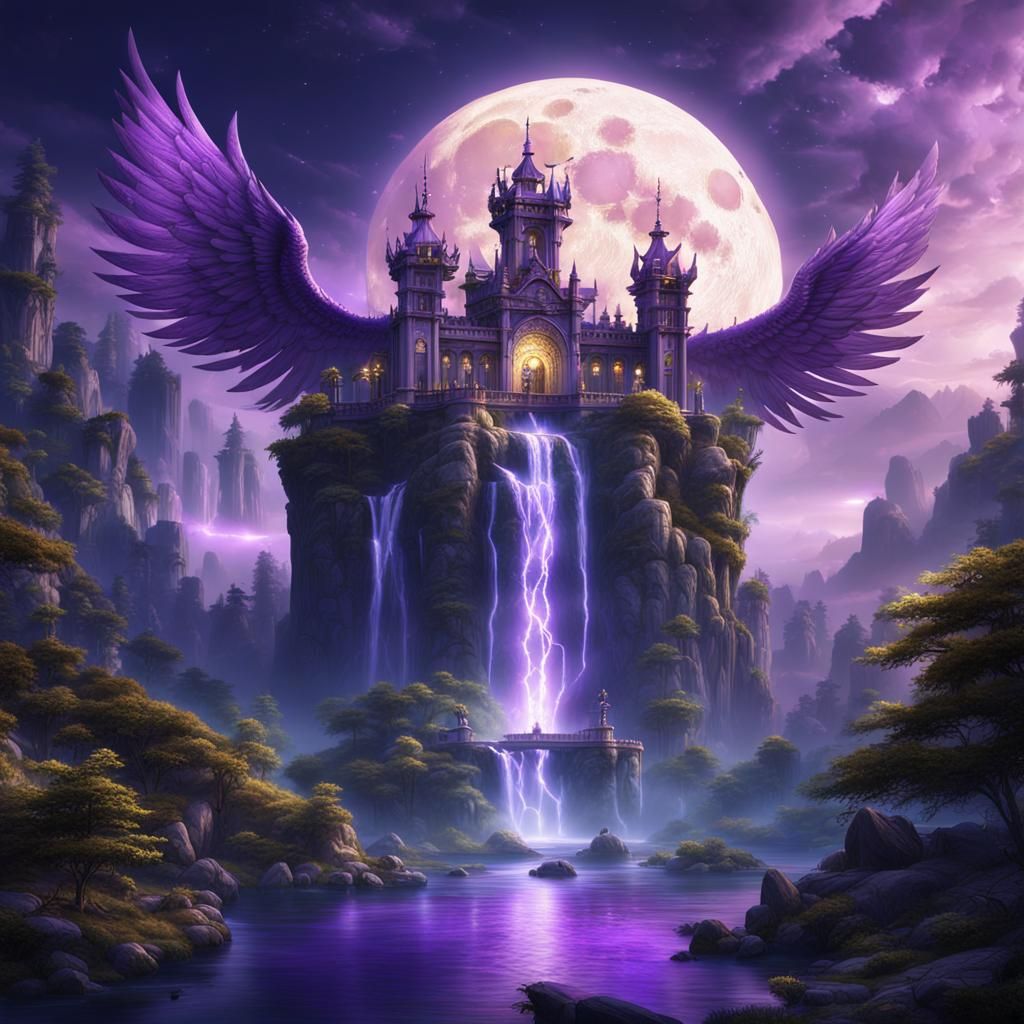 Heavenly Palace with Golden Wings and Waterfalls