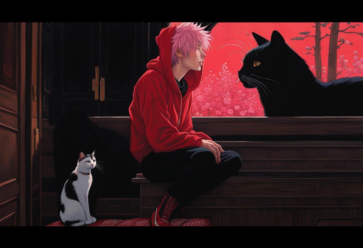 16k resolution, art by Hasui Kawase, Claude Monet, Syd Mead, Gustav Klimt, young man with spiky pink hair and cat ears, ...