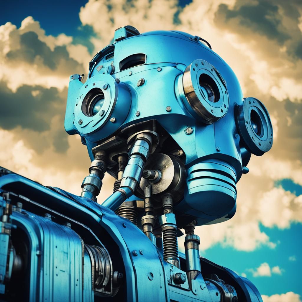 Cyborg Robot in Pop Art Style Industrial Scene