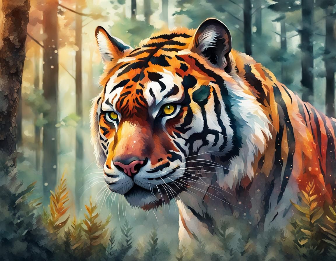 Detailed Watercolor Tiger in Forest, Hyperrealistic Splash A...