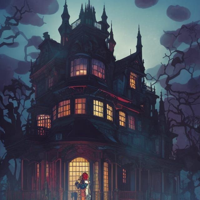 Cyber Victorian Haunted Mansion in Comic Book Style
