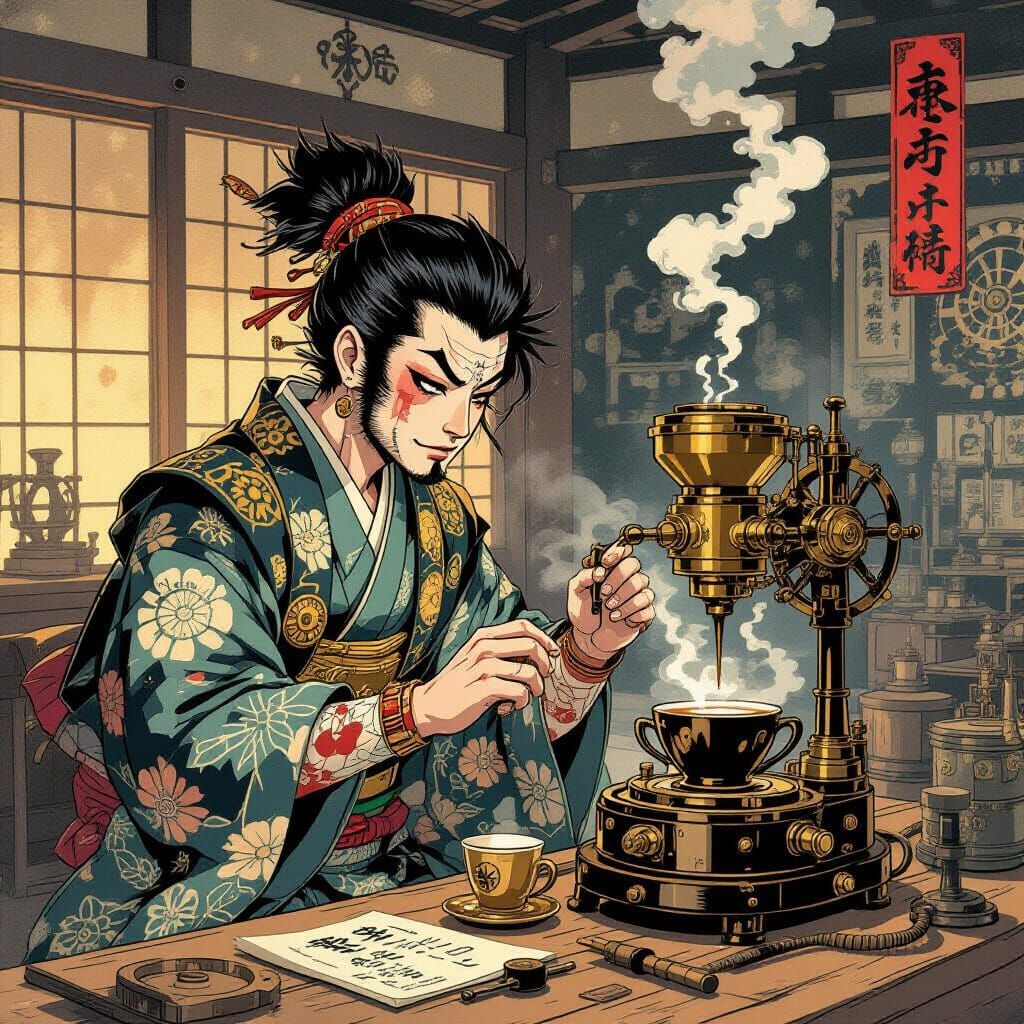 Steampunk Indigenous Person with Coffee Contraption in Ukiyo...