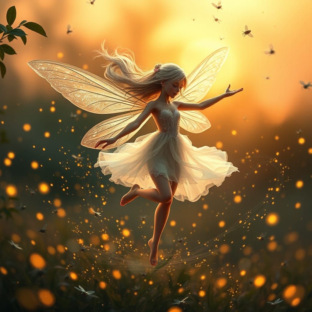 Elegant Fairy Dances in Summer Sunset Light