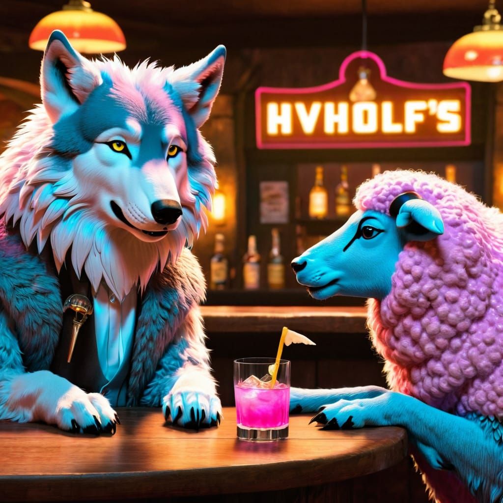 Anime Wolf and Sheep Share a Drink