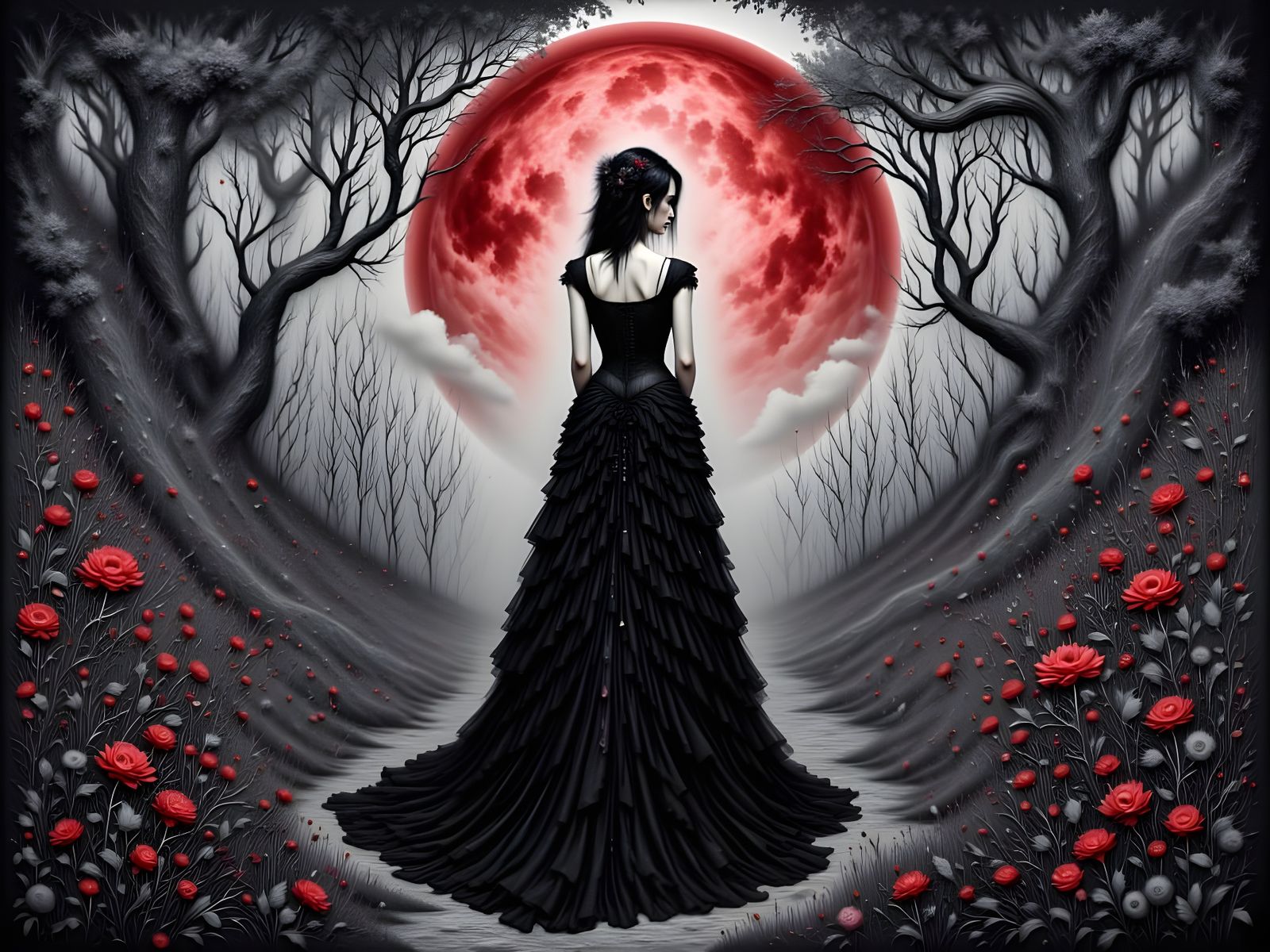 Gothic Man Walks Red Meadow Under Geometric Moon