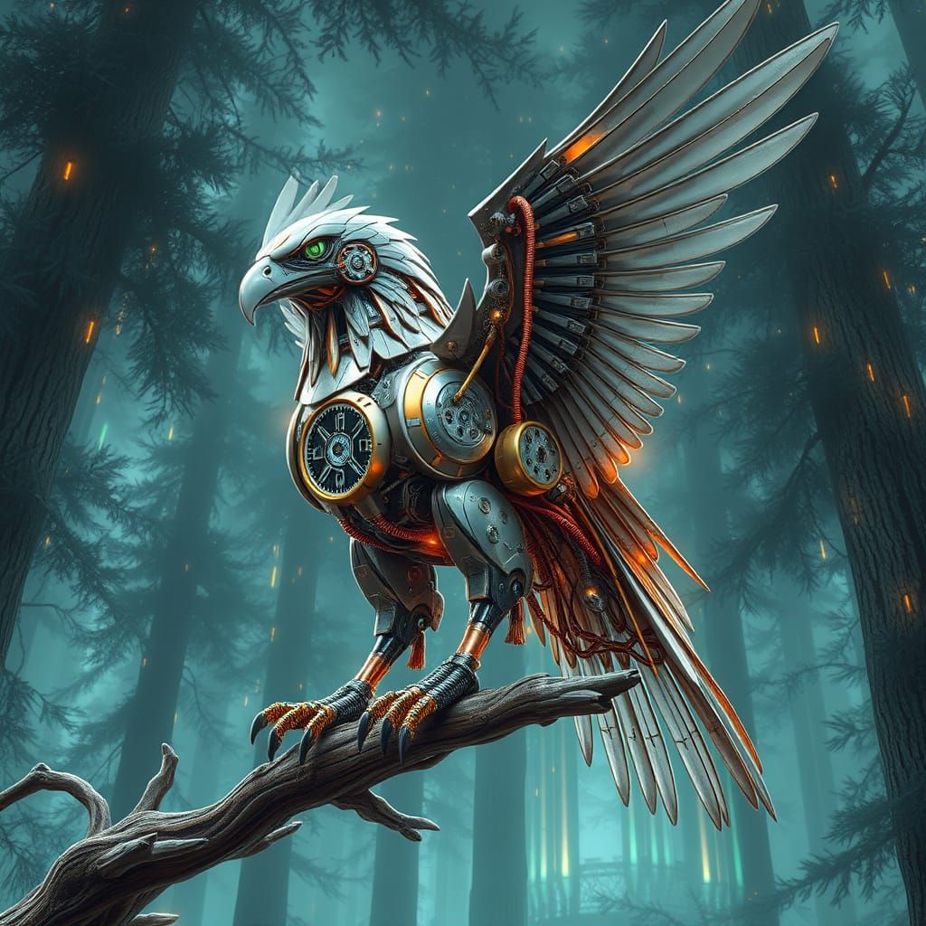 Cybernetic Eagle Perched in Futuristic Forest