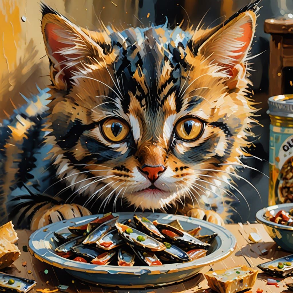 Impressionist Kitten Eats Sardines in Gouache