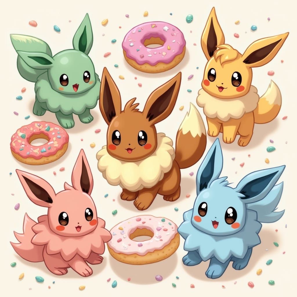Eevee Evolutions Surrounded by Donuts in Cute Style