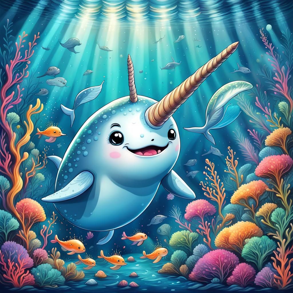 Cute Narwhal's Underwater Adventure in Airbrush Style