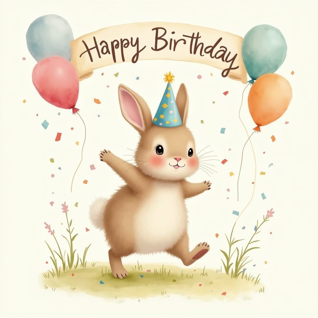 Bunny's Birthday Celebration in Watercolor Style