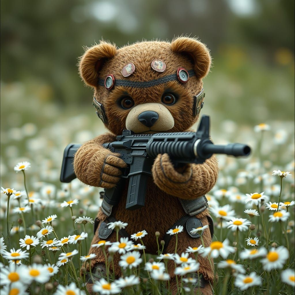 Grizzled Teddy Bear with Machine Gun in Gritty Realism