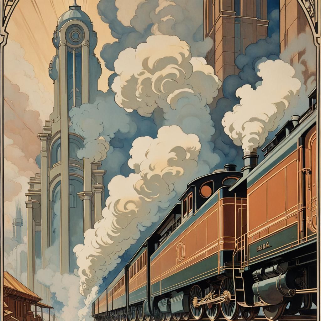 Art Deco Train Poster in Mucha Style