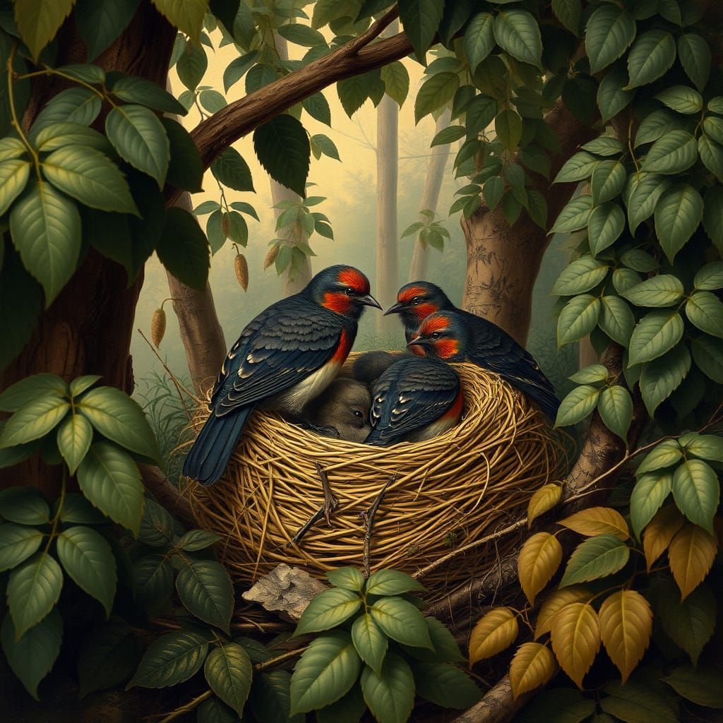 Birds Nesting in Forest, Ornithological Illustration