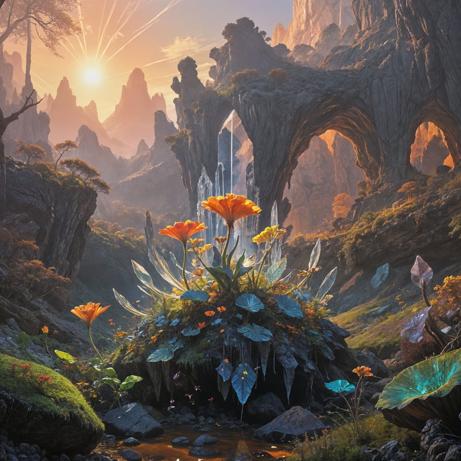 Surreal Landscape Sunrise with Quartz Crystals in Vibrant Co...