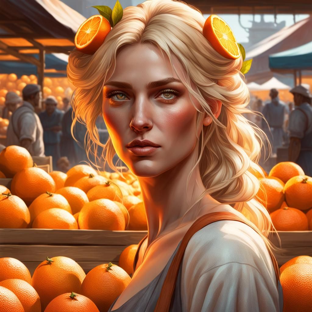 Blond Woman Selling Oranges: Hyperdetailed Portrait