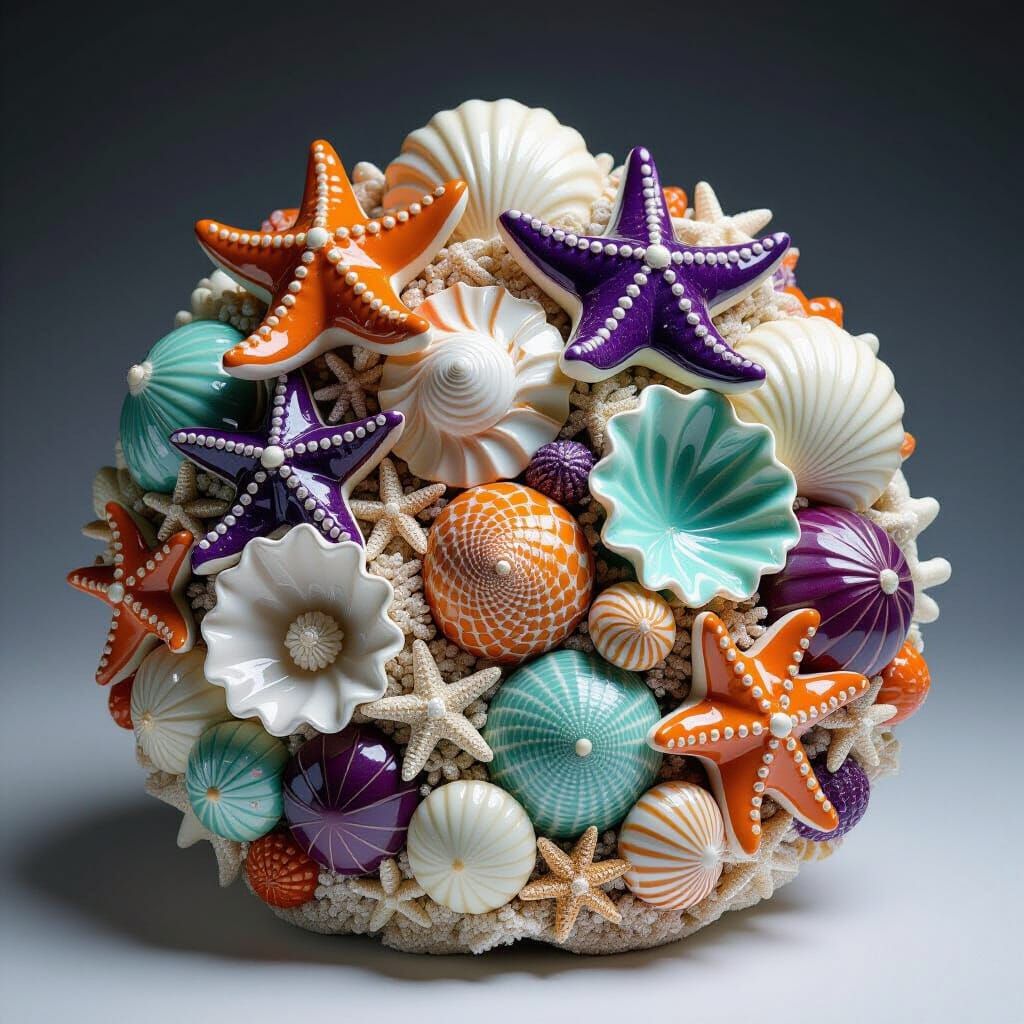 A densely packed ceramic artwork where every inch of the sur...